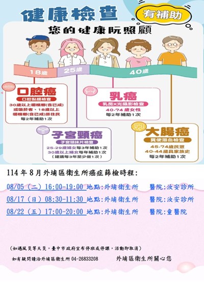 114年8月婦癌篩檢公告