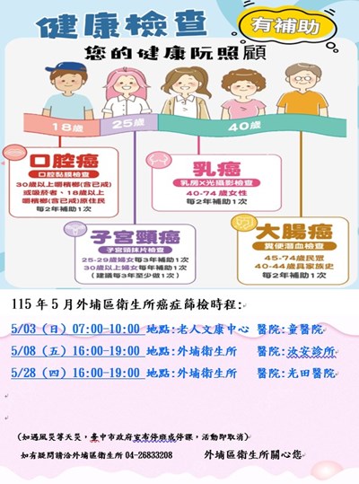 115年5月外埔區衛生所癌症篩檢公告